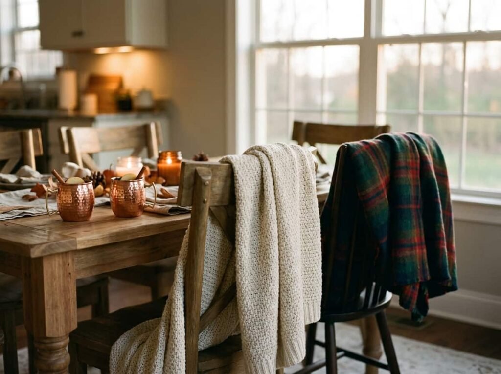 Chairs with throw blankets and cider mugs at a Friendsgiving table
