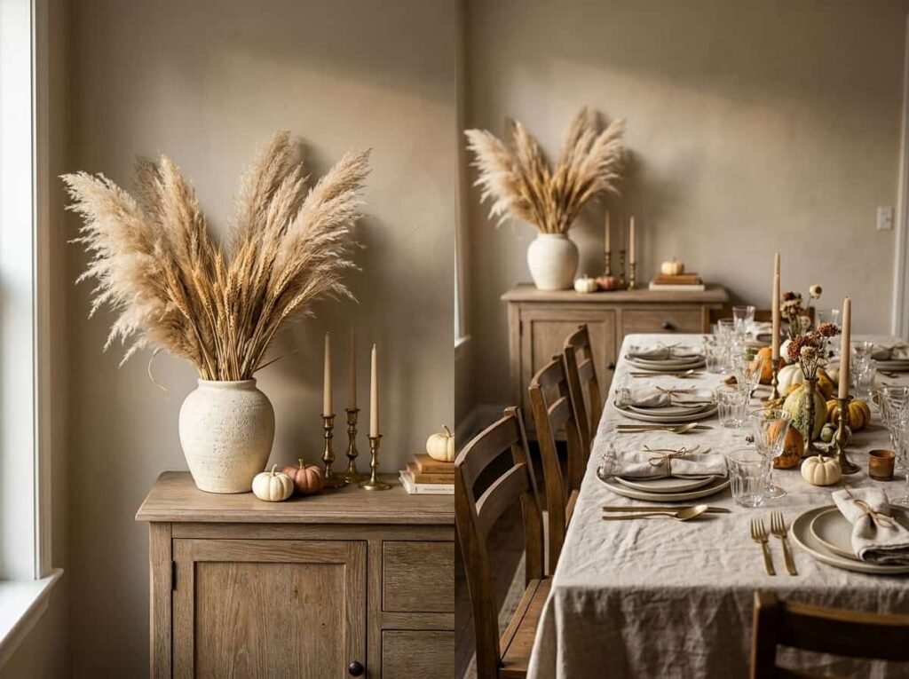 Dried wheat and pampas grass in a ceramic vase as a Thanksgiving centerpiece