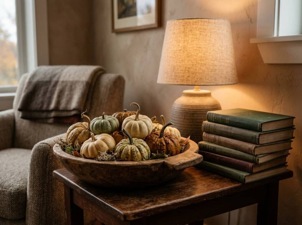 Wooden bowl of mini pumpkins and gourds on a small apartment side table