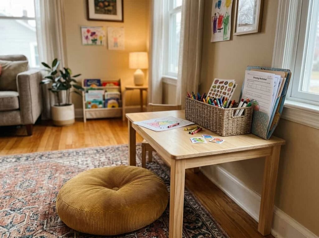 Cozy learning corner with a worksheet basket, crayons, and stickers for preschool activities at home