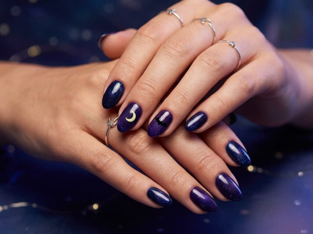 Dainty bat and moon nail art on short navy and purple nails