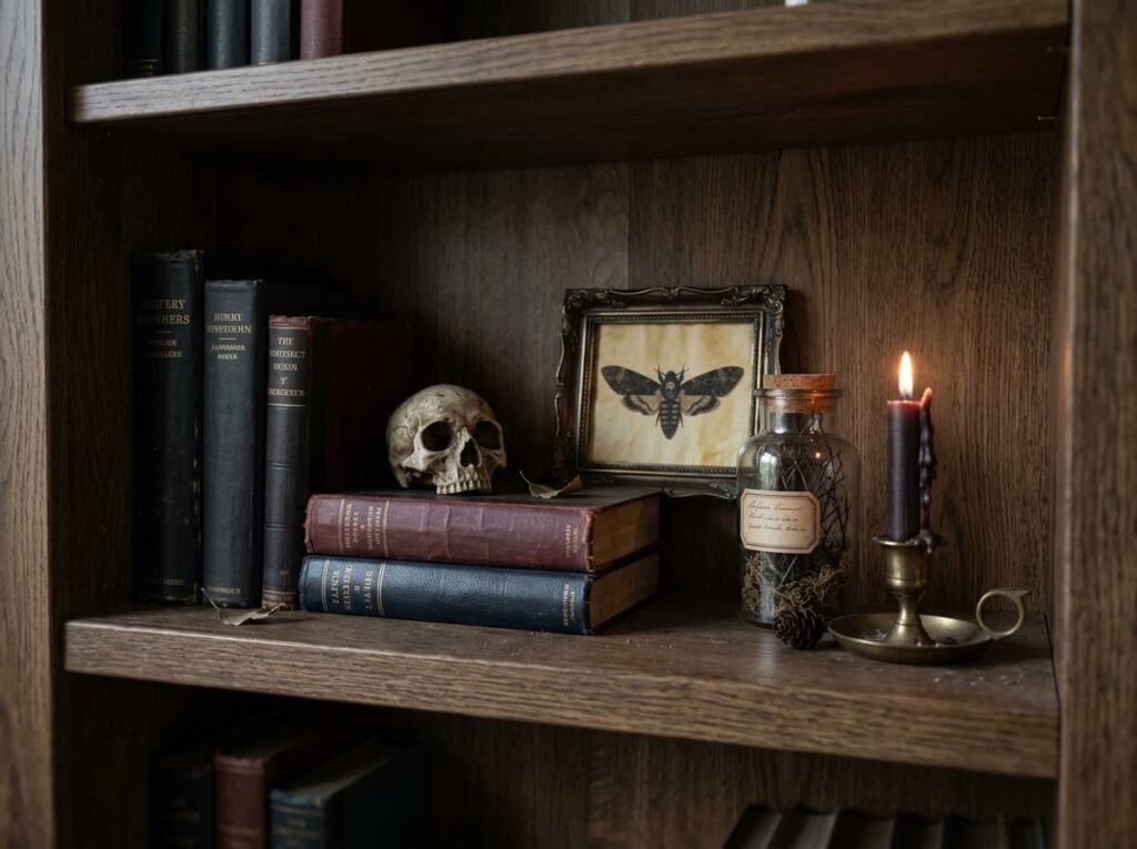 Bookshelf styled with Halloween apothecary jar, skull and framed moth art