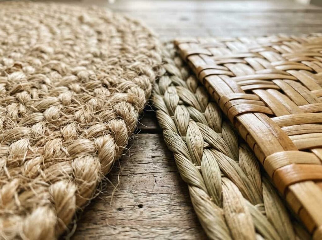 Close-up of jute, seagrass, and rattan weaves showing natural texture