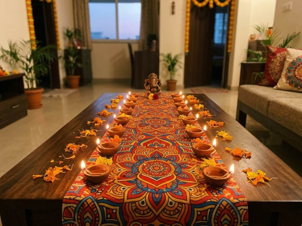 Rectangular Diwali coffee table with symmetrical rows of diyas, a small Ganesh idol and a rangoli runner