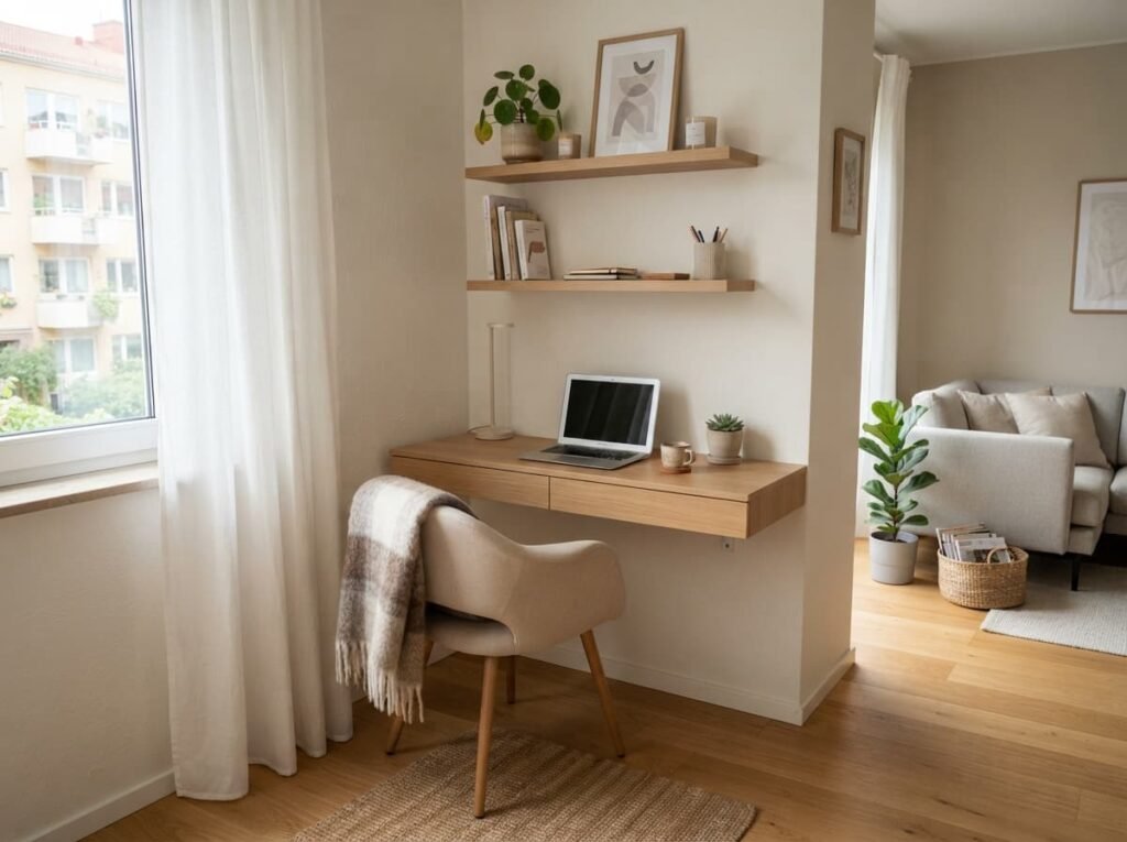 Compact apartment home office with a wall-mounted desk and floating shelves.