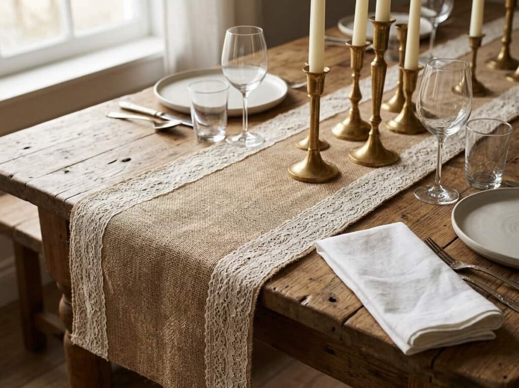 Burlap and lace table runner paired with brass candlesticks and crisp white napkins