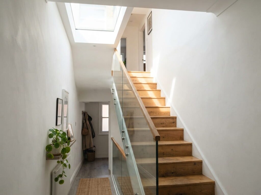 Interior shot of a narrow terrace house staircase lit from a skylight above, glass balustrade, white walls, soft beams of daylight falling onto wooden steps.