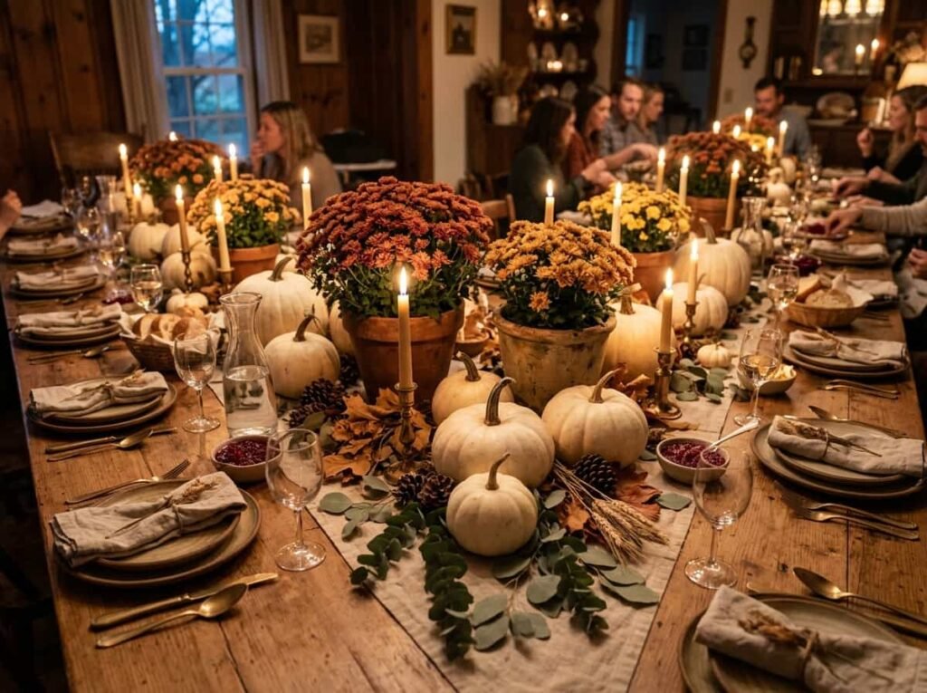 Potted mums nestled between white pumpkins as a table runner