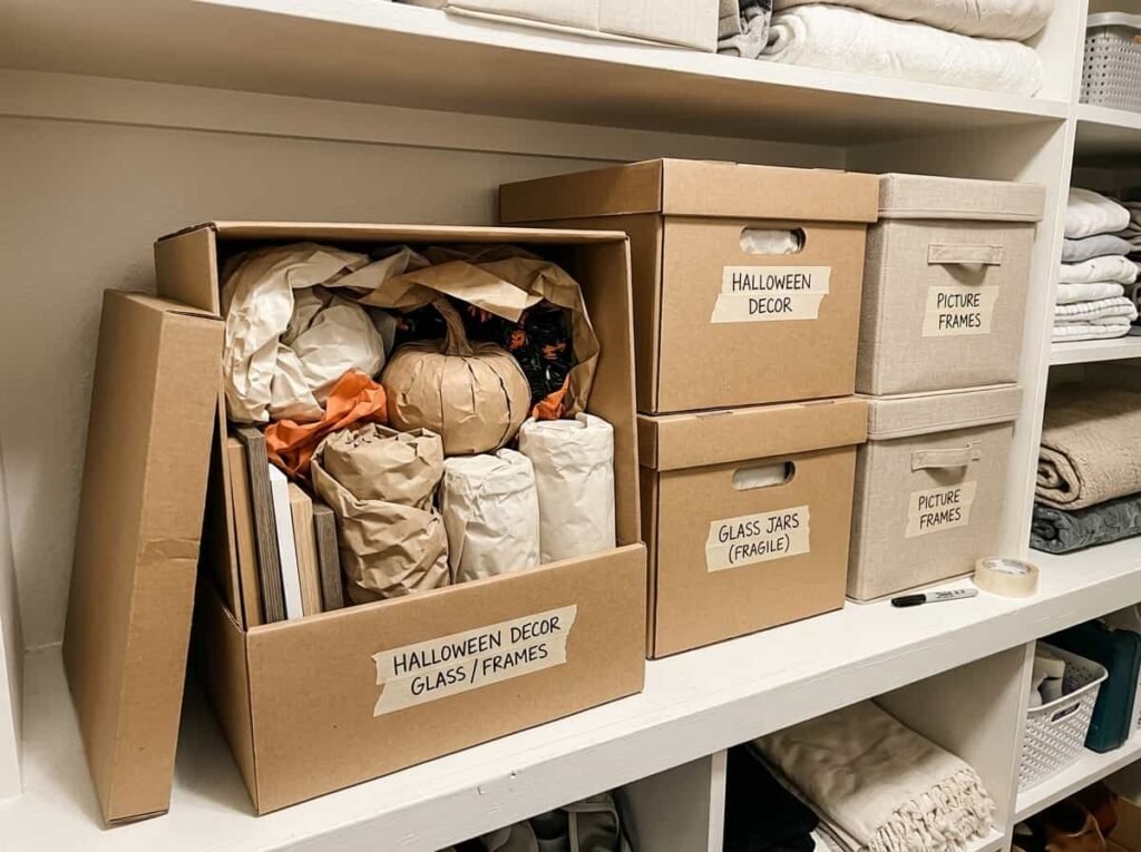 Labeled storage boxes holding wrapped DIY Halloween decorations