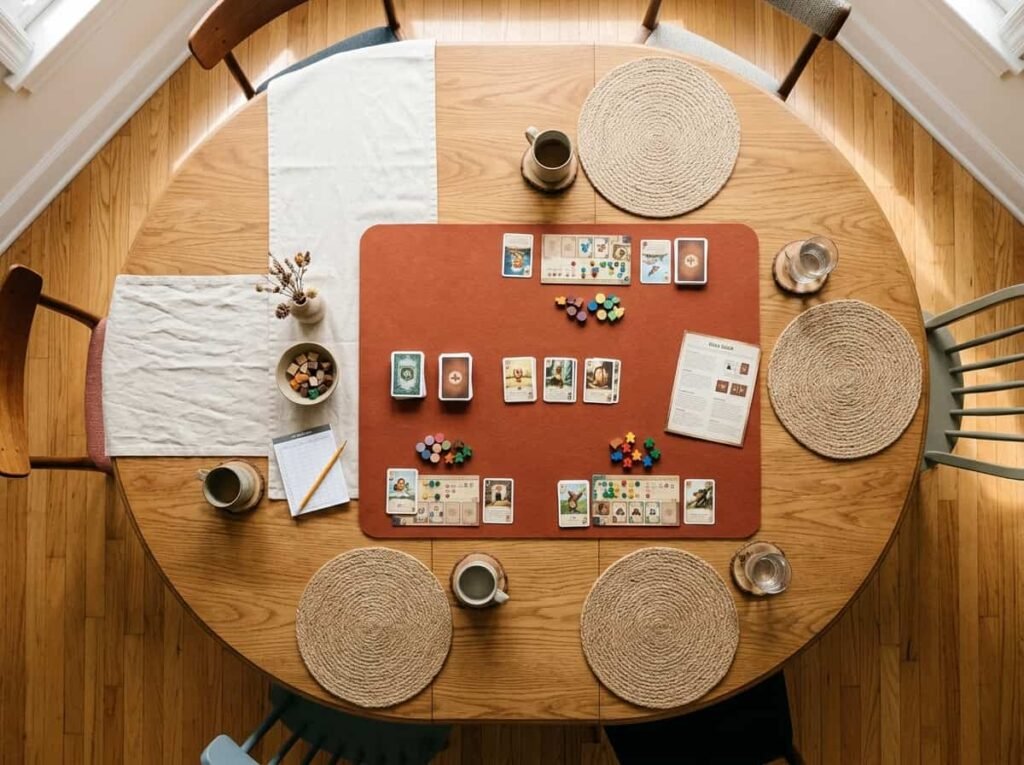 Overhead view of a game table layered with felt mat, woven placemats, and linen runner