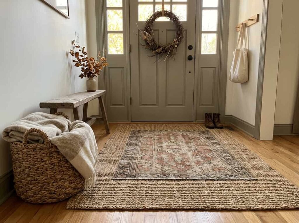 Entryway layered with jute and wool rugs, woven basket, and grapevine wreath