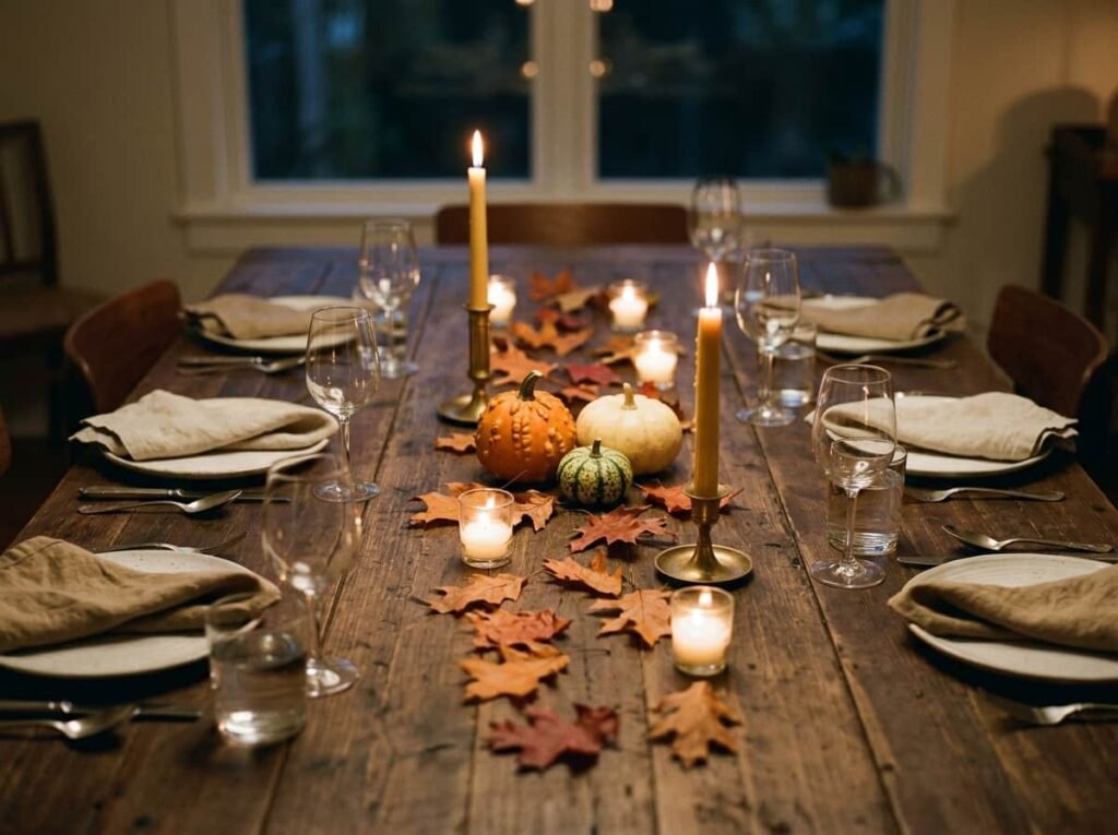 Easy Thanksgiving table with leaves, three gourds and candles