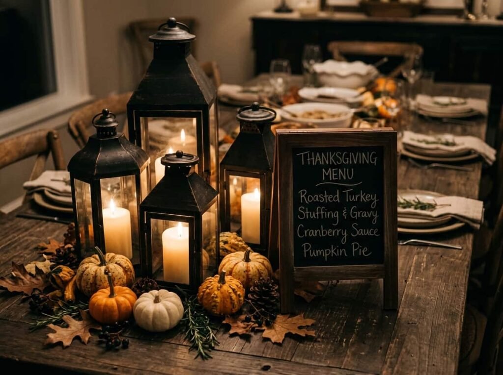 Black metal lanterns clustered at one end of a farmhouse Thanksgiving table beside a chalkboard menu
