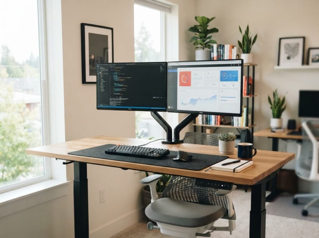 Dual monitor setup on an adjustable standing desk.