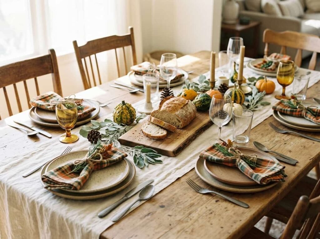 Cream linen runner with plaid napkins and stoneware plates on a relaxed Thanksgiving table