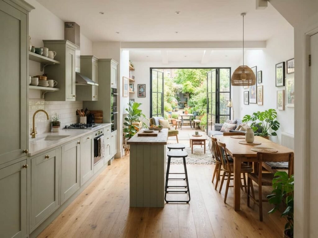 Open-plan kitchen and living space in a narrow terrace home, single-wall kitchen in soft sage green, slim island, wooden dining table, large glass doors to the garden, bright and airy.
