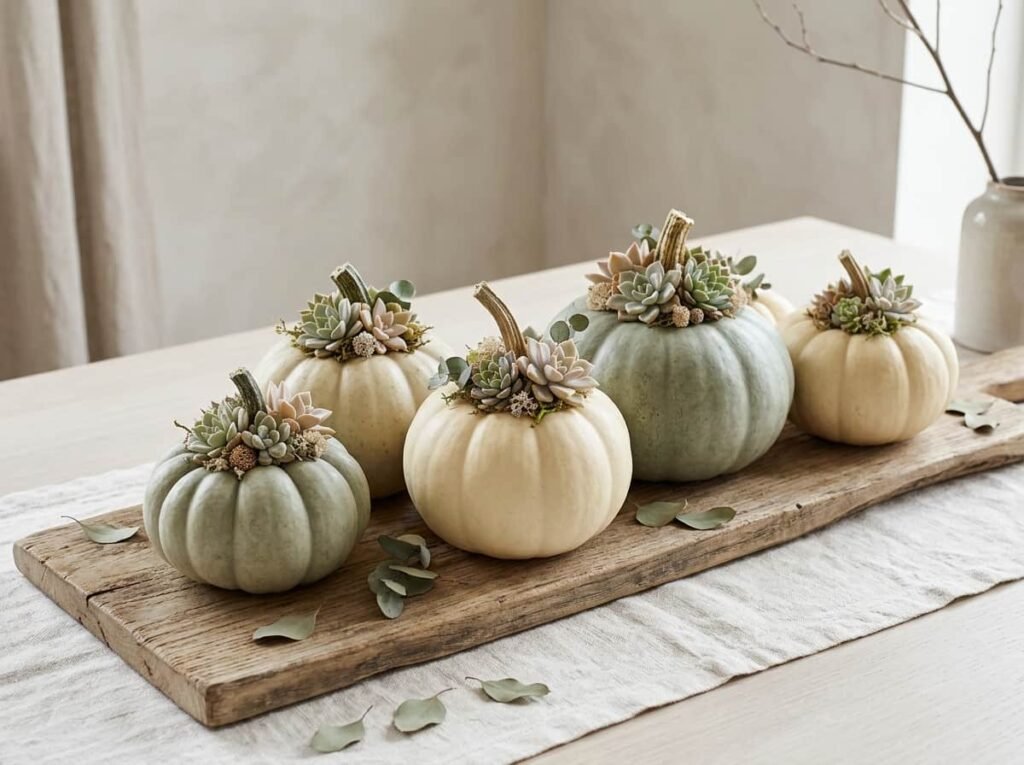 Fairy tale pumpkins with bright marigolds on a Thanksgiving table