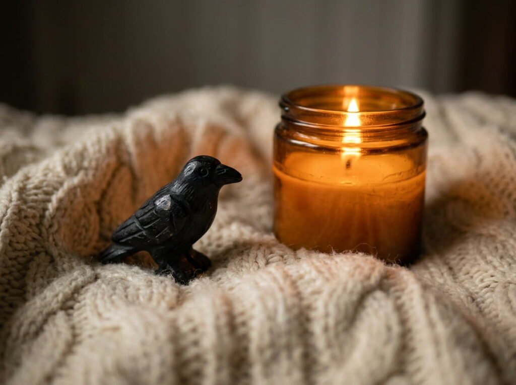 Black raven decoration on a cream blanket showing the cozy spooky Halloween style.
