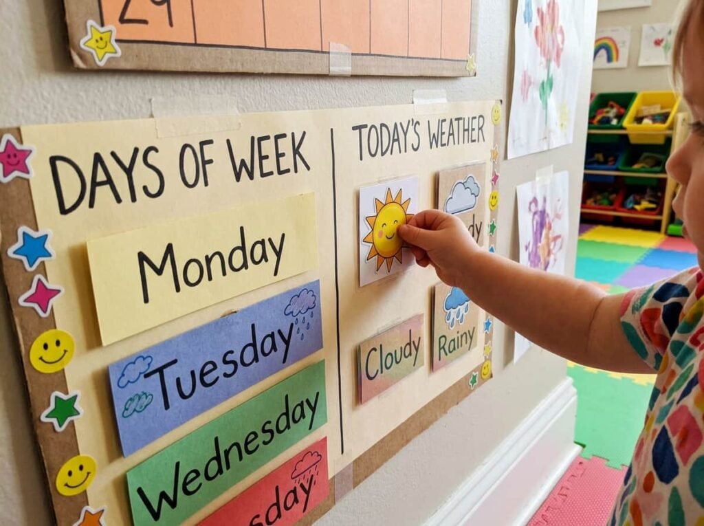 Child placing a weather sticker on a homemade calendar during morning welcome time