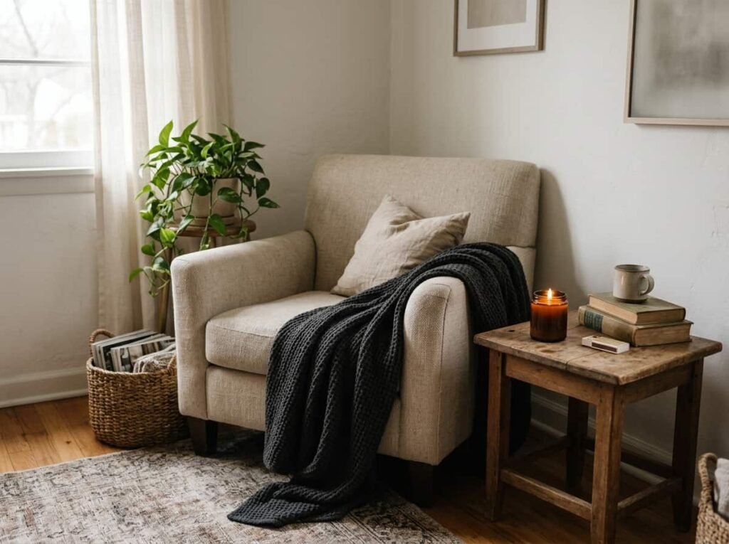 calm spooky living room ideas with armchair, dark blanket and candle