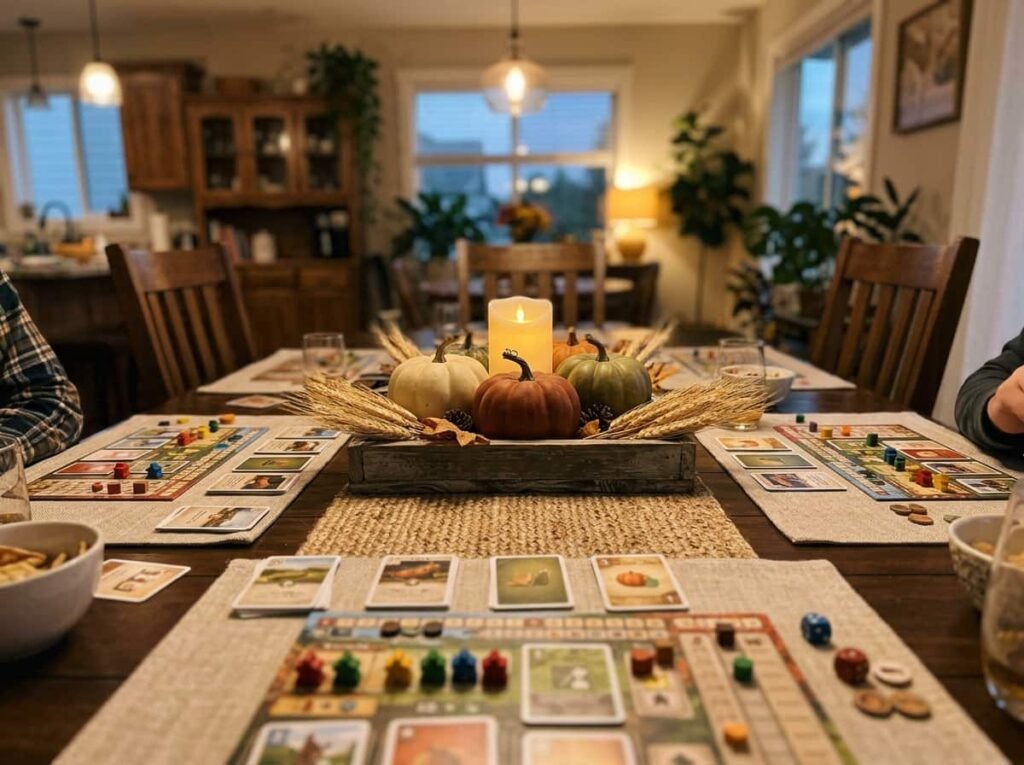 Fall game table with a single focal point of pumpkins and candle on a wooden tray
