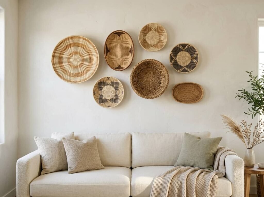 Wall basket collection of mixed woven shapes above a cream sofa
