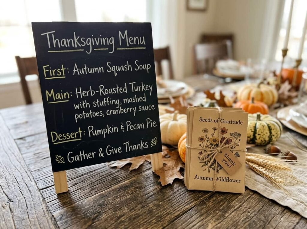Chalkboard easel menu and seed packet favors tied with twine at a rustic Thanksgiving table