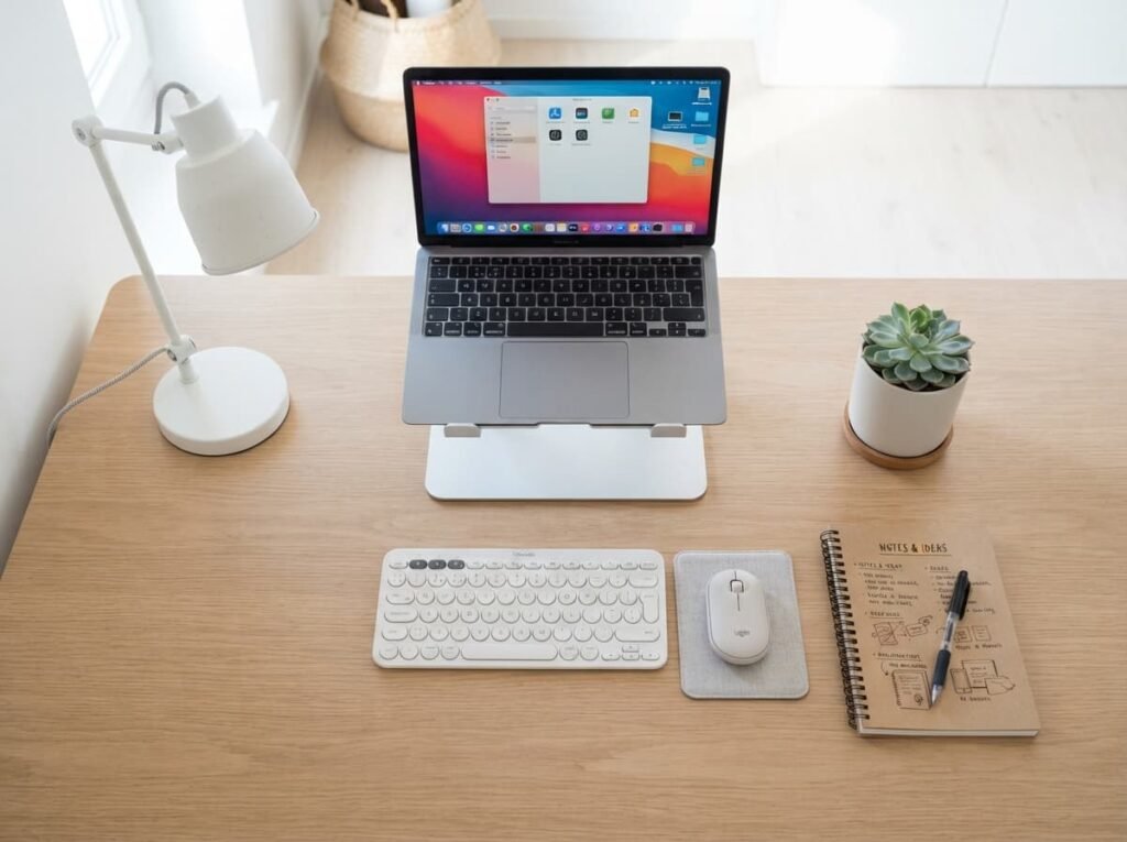 Budget-friendly home office items arranged on a table.