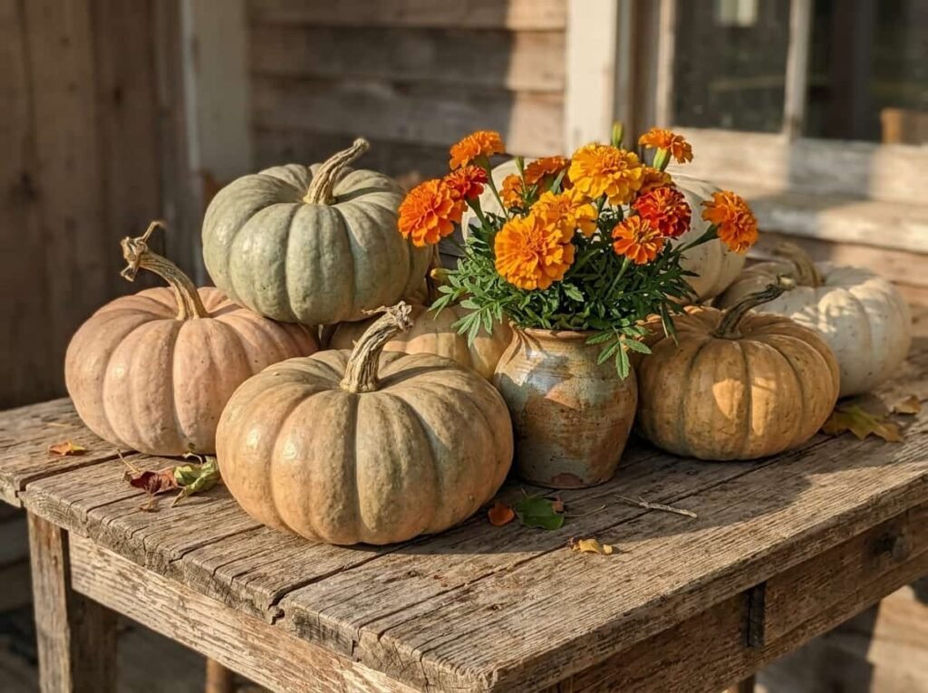 Fairy tale pumpkins with bright marigolds on a Thanksgiving table