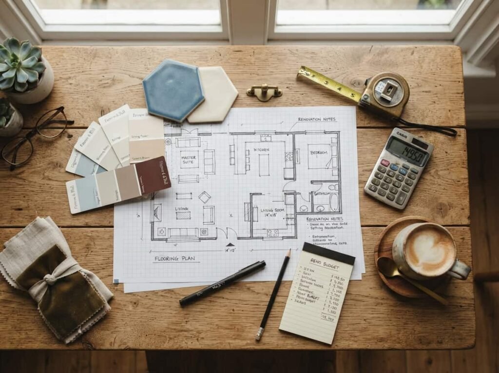 Flat-lay of renovation planning items on a wooden table: floor plan sketch, paint swatches, tape measure, small calculator and coffee cup, soft natural light, editorial style.