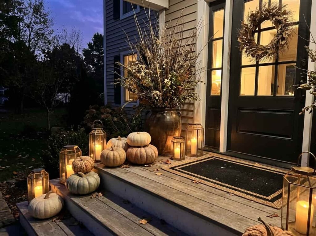 Layered front porch Halloween decor with pumpkins, lanterns and warm lighting.