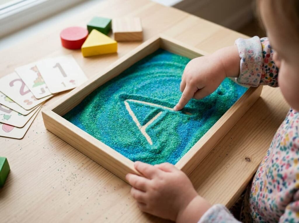 Preschooler practicing letter tracing in a sensory sand tray with shapes and number cards