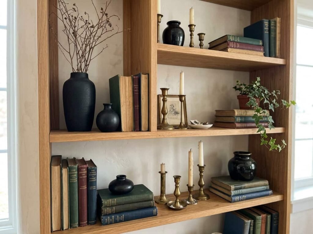 Halloween living room decor made from black vases, old books and brass candlesticks]