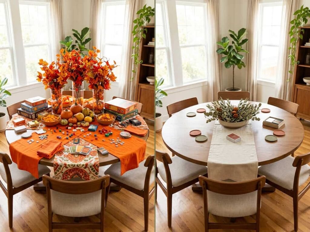 Comparison of a cluttered fall table and a simplified fall game table with muted colors