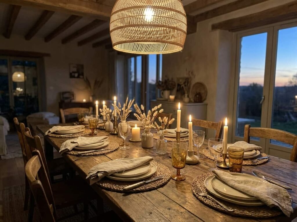 Fall dining table with seagrass placemats, ceramic plates, and linen napkins