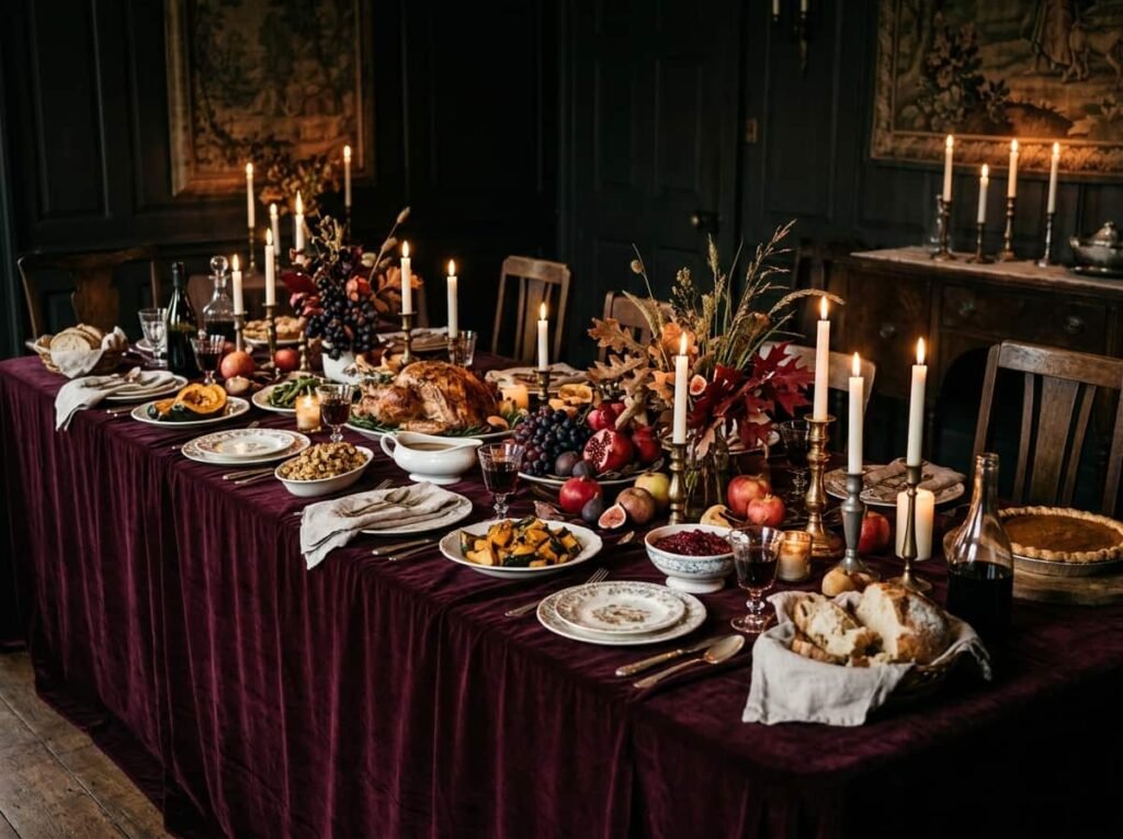 Dining table covered with a deep wine velvet tablecloth for a moody Thanksgiving tablescape.