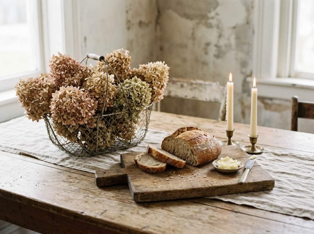 Minimal rustic Thanksgiving table with a dried hydrangea basket and bread on a cutting board