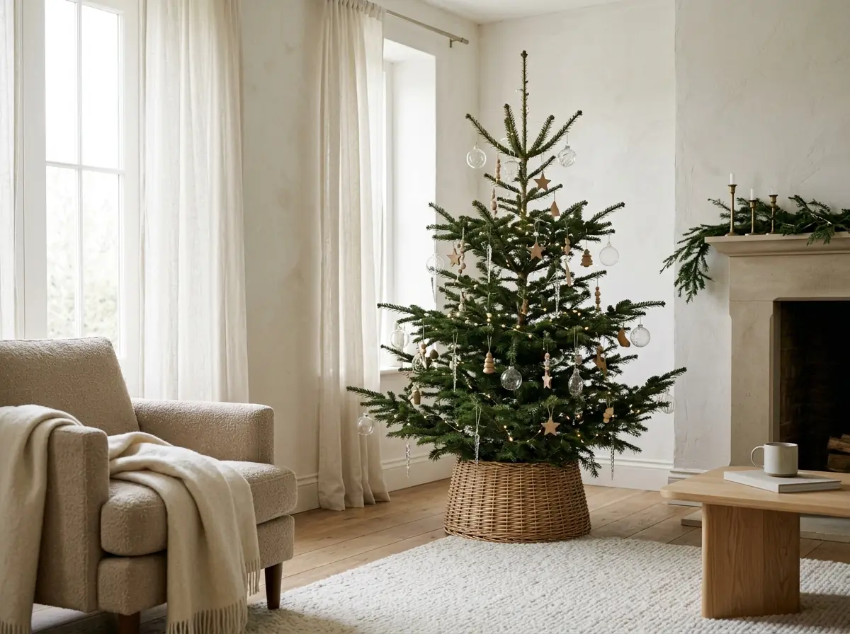 Neutral Christmas tree with clear glass and wood ornaments