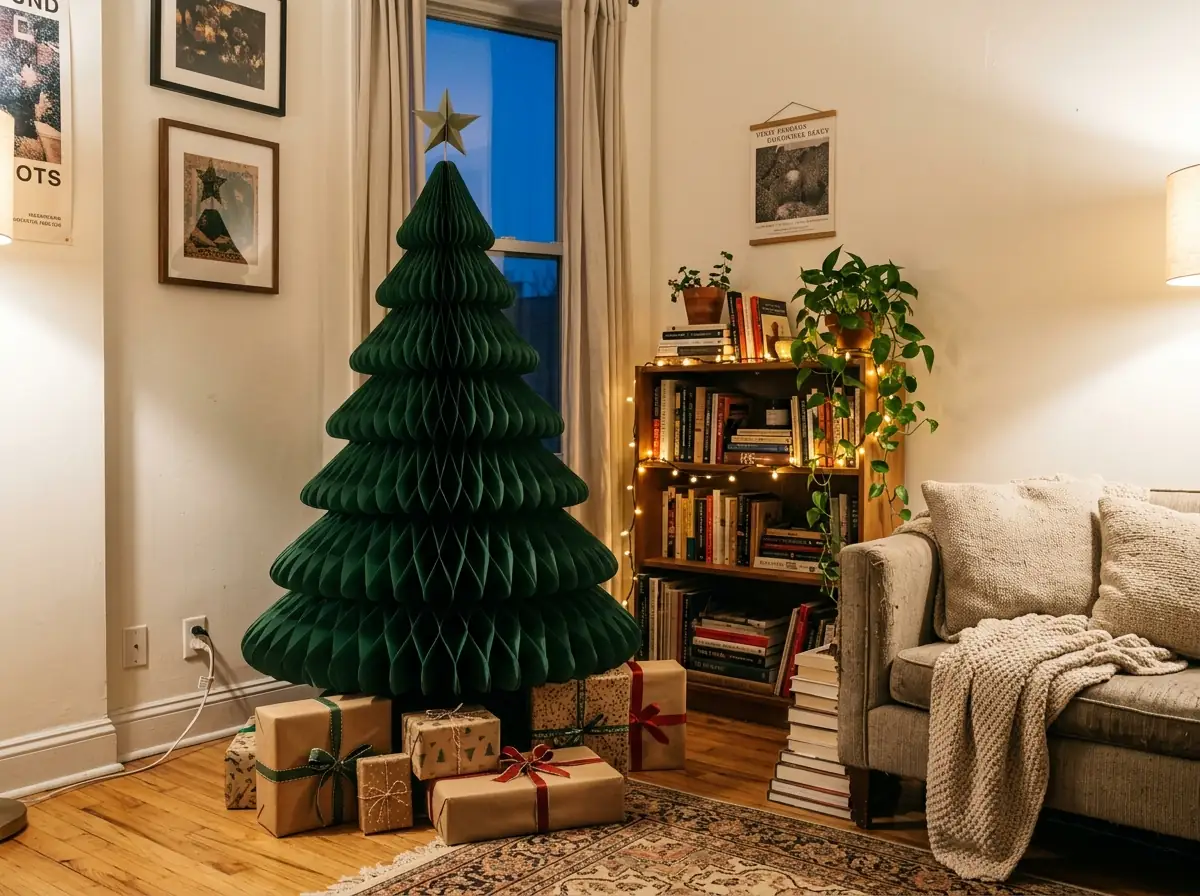 Large green paper honeycomb Christmas tree in a small apartment