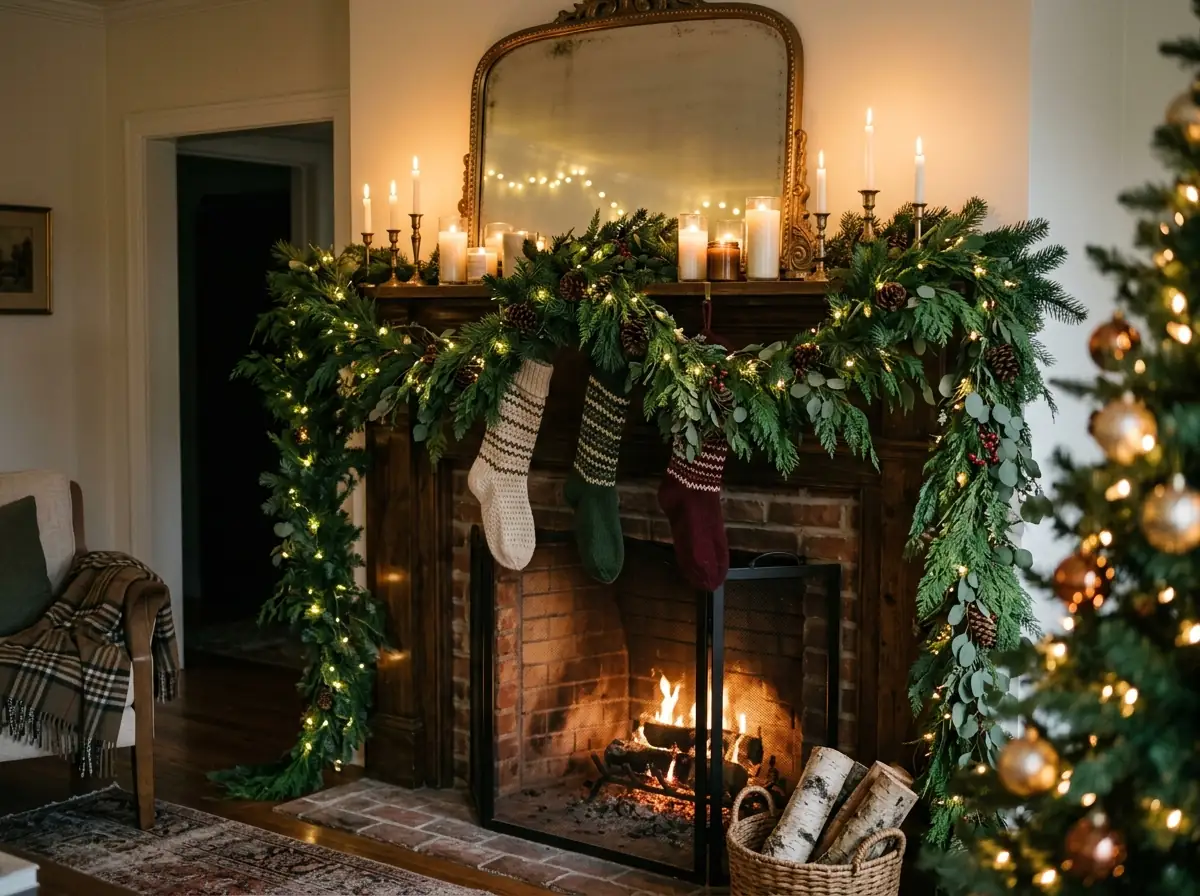 Layered green garland on a Christmas mantel