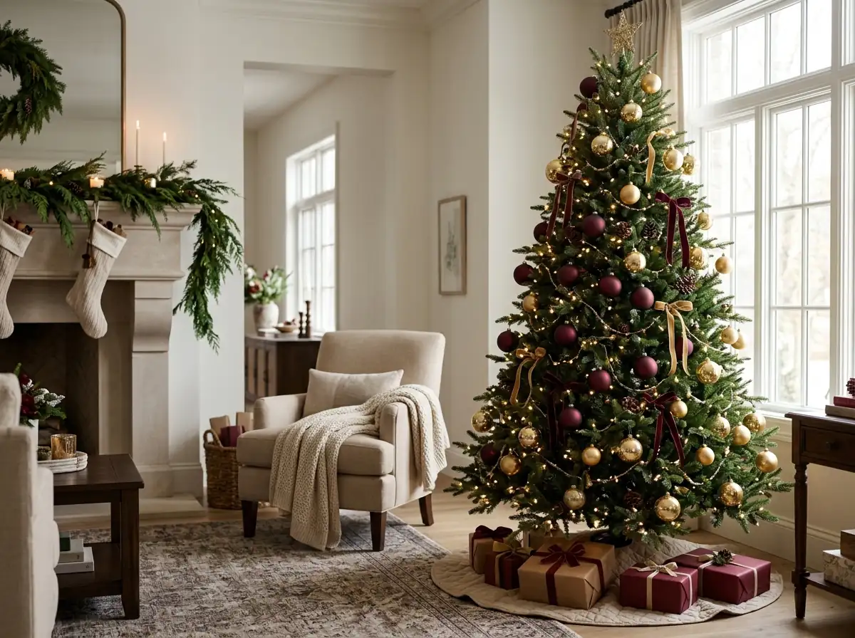 Burgundy and gold Christmas tree in an elegant living room