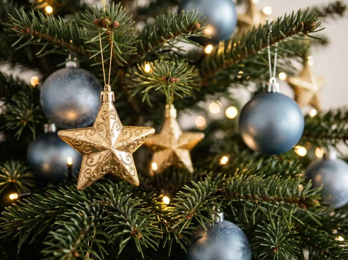 Gold star ornaments on a blue Christmas tree
