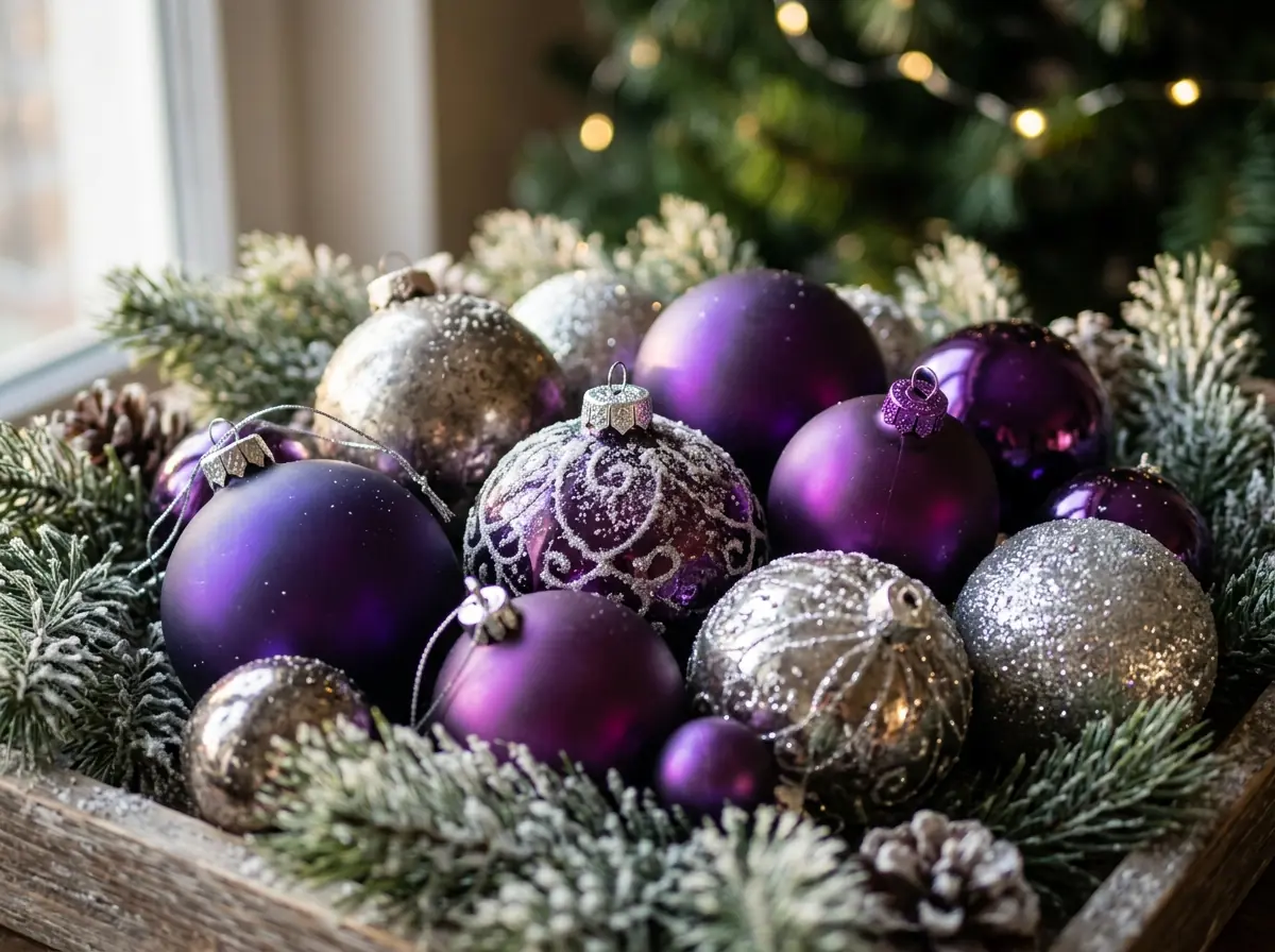 Purple and silver Christmas ornaments close up