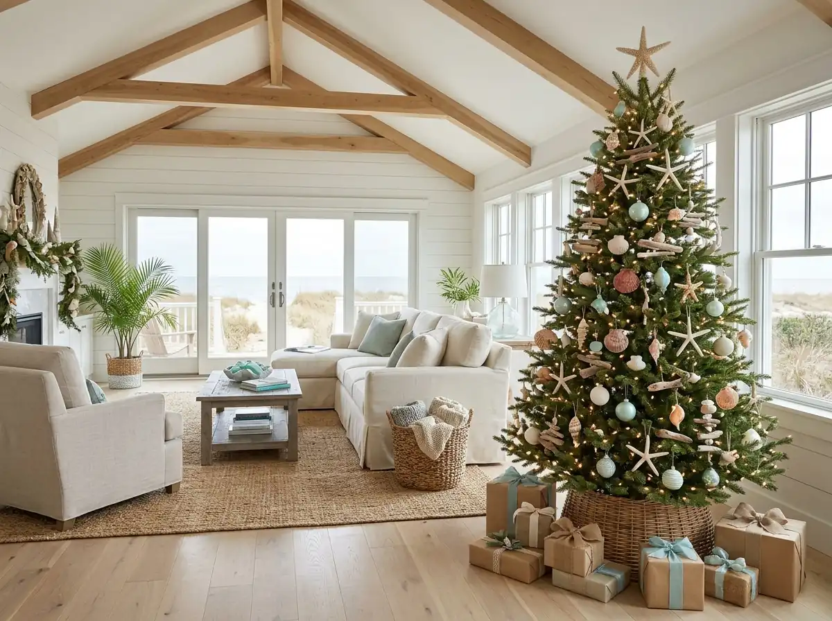 Coastal Christmas tree with shells and driftwood