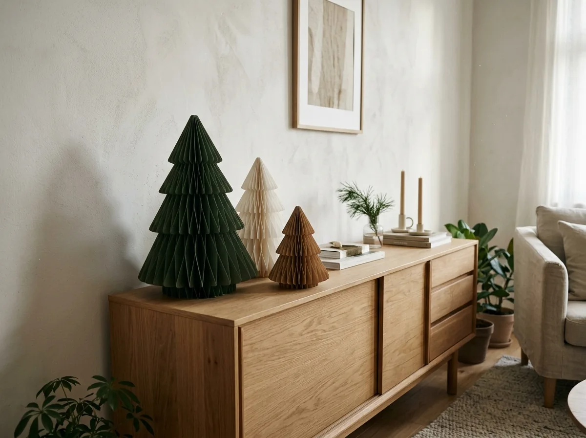 Three paper Christmas trees on a sideboard