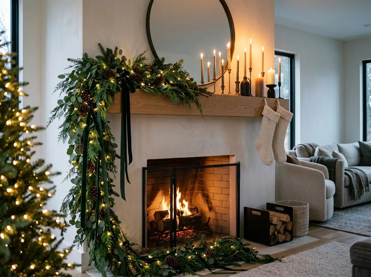 Asymmetric Christmas mantel with candles