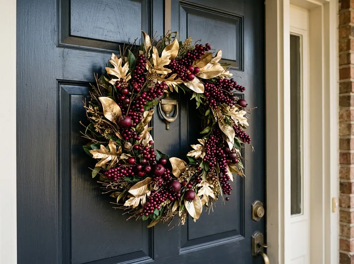 Burgundy berry wreath with gold leaves on a front door