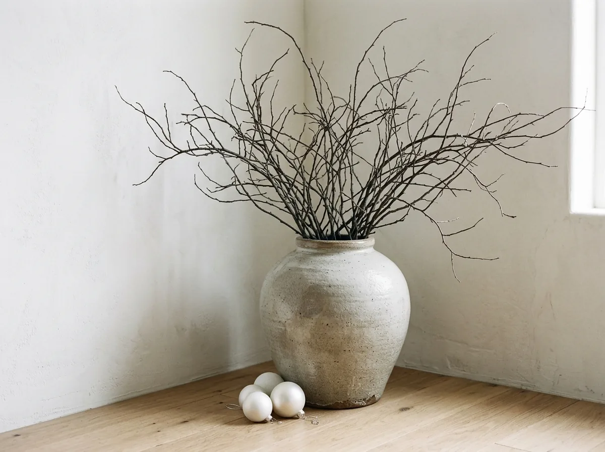 Bare branches in a stoneware vase with white baubles