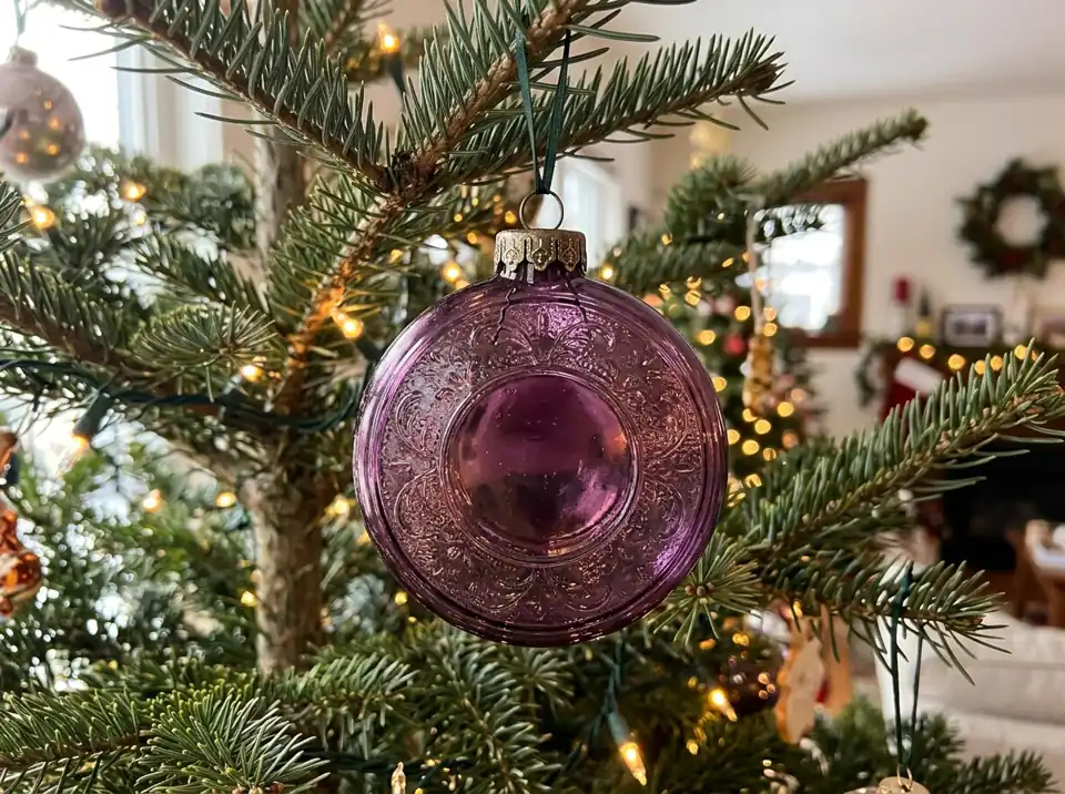 Large purple glass disc ornament on a Christmas tree