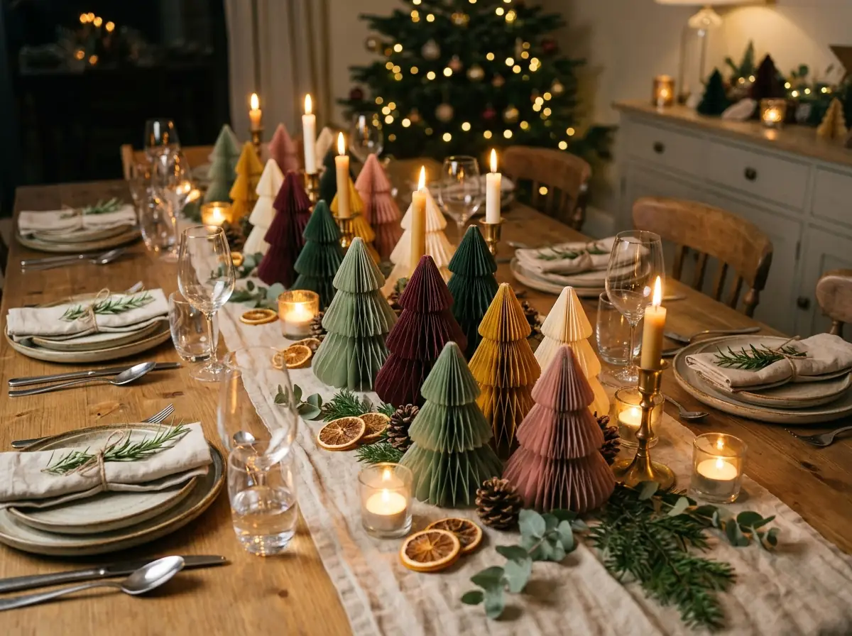 Paper Christmas trees as a dining table centerpiece